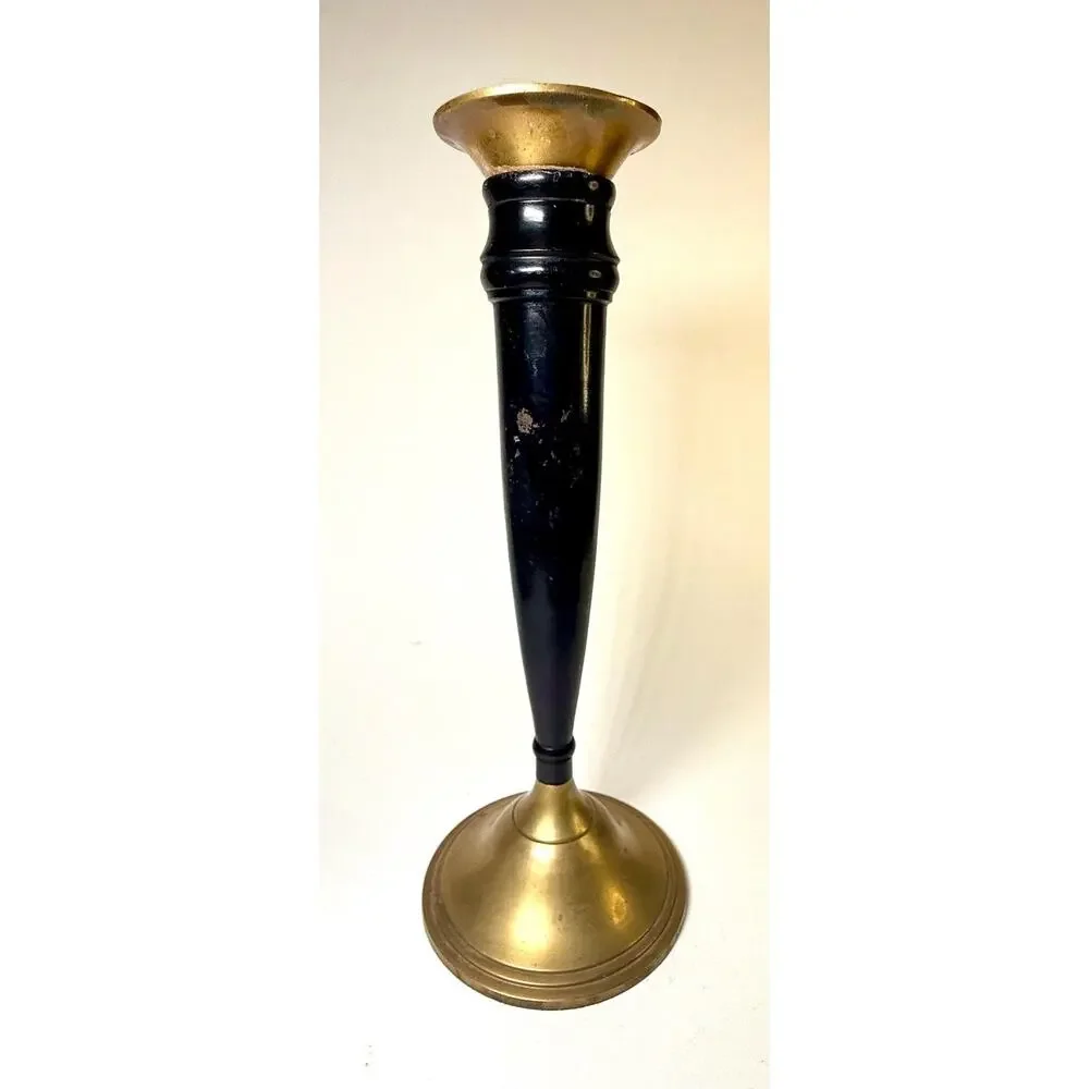 Vintage Brass & Black Metal Candlestick Holder – 9” Tall Midcentury Decor